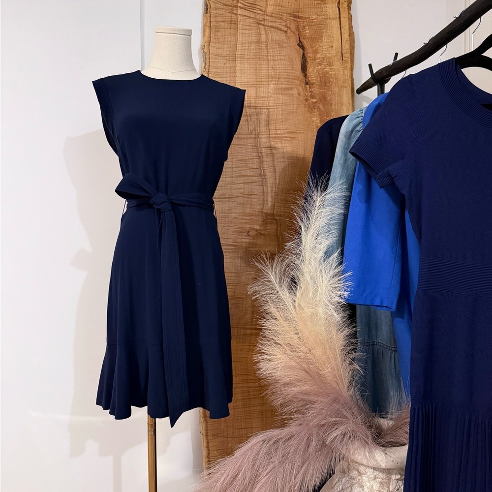 AND Blue A-Line Midi Dress Crew Neck Sleeveless